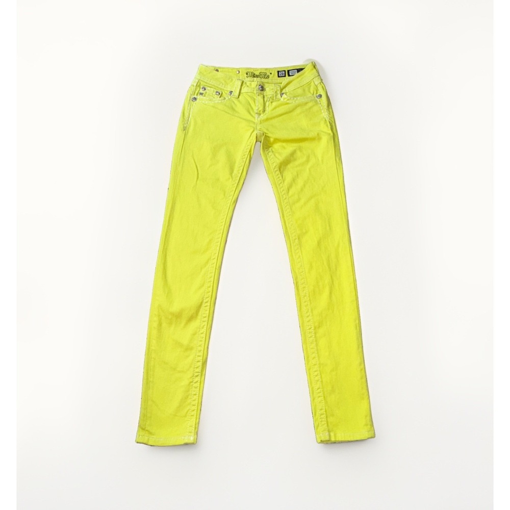 Miss Me Skinny Jeans Embellished Flap Pocket Size 27 Low Rise 28x32 Neon Yellow